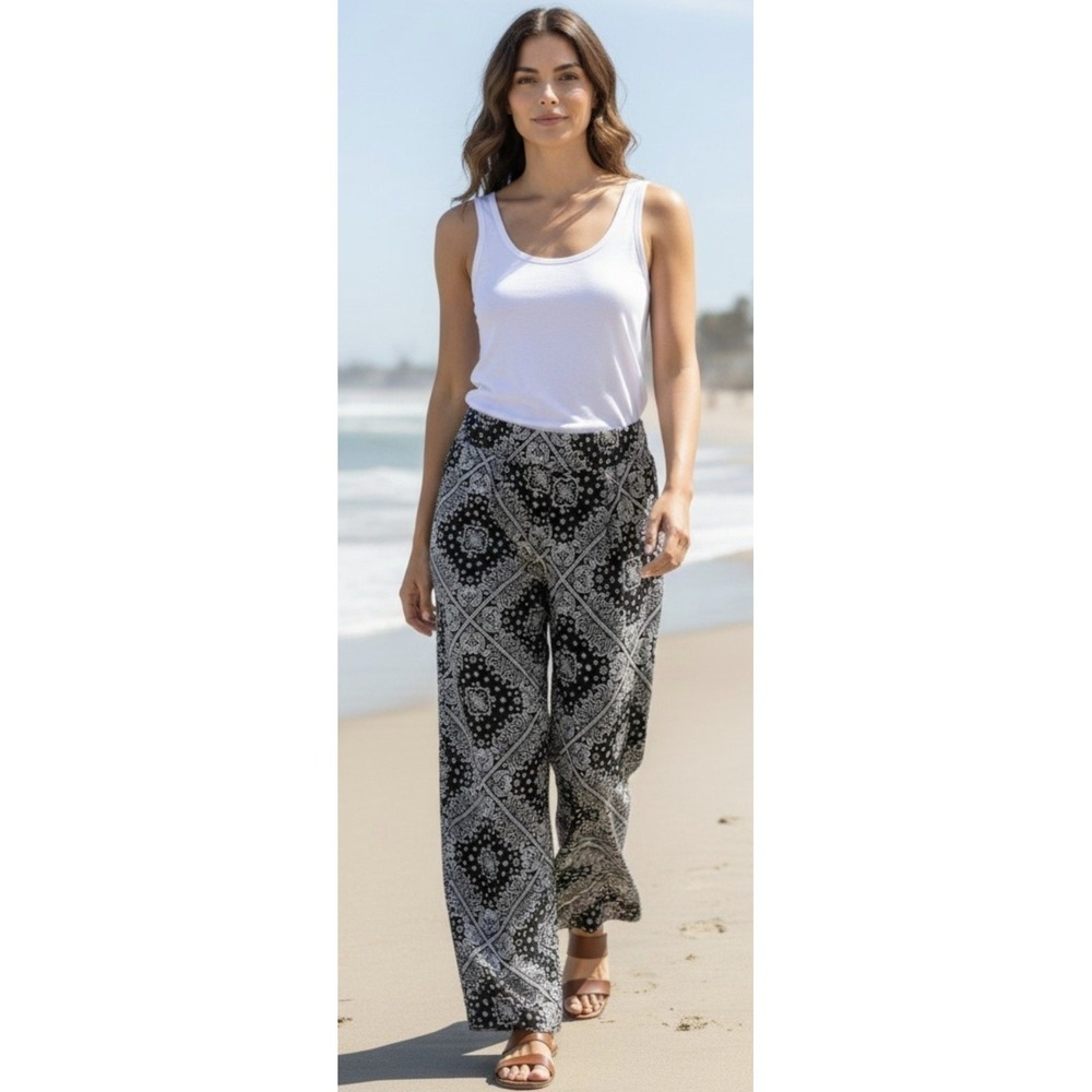Monteau Linen Wide Leg Paisely Black White High Rise‎ Pull-On Pants L/XL NWT